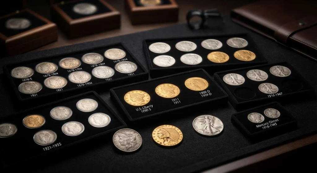 prepare estate collection for coin show-Estate coin collection sorted into trays before a coin show