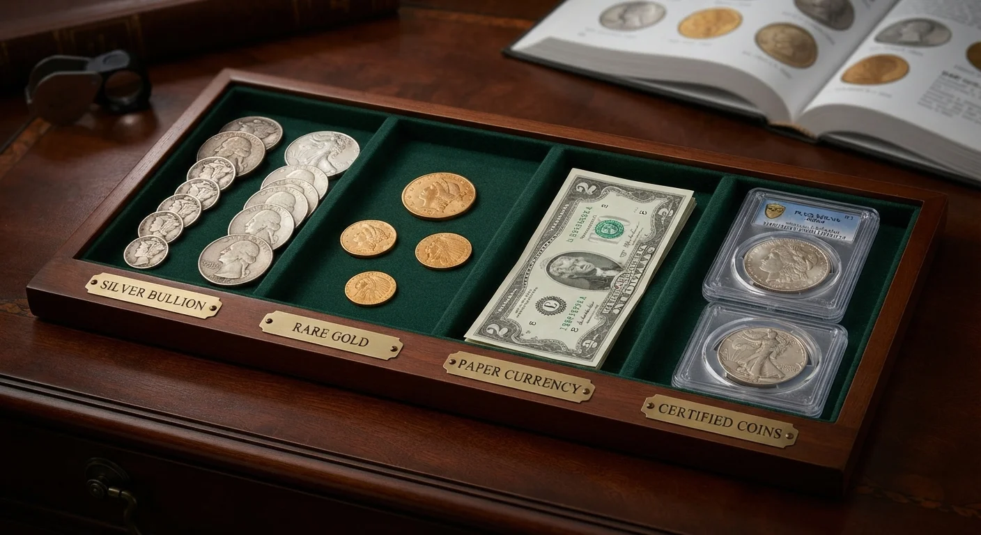 Estate coins sorted by category on a sorting tray