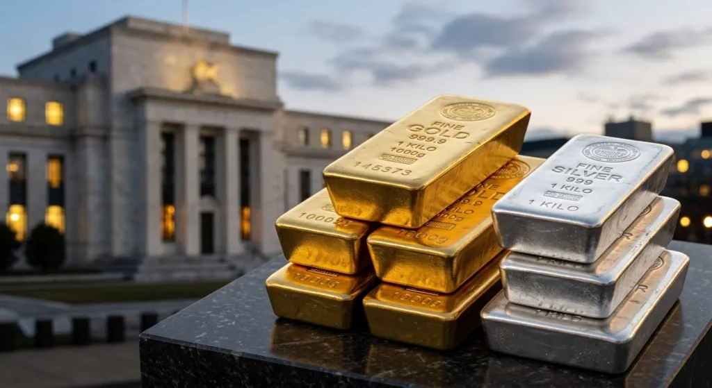 Fed rate cuts gold price effect -Federal Reserve building next to stacked gold and silver bars