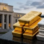 Fed rate cuts gold price effect -Federal Reserve building next to stacked gold and silver bars