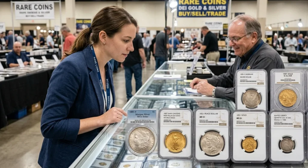 What to bring to a coin show — first-time attendee browsing dealer tables