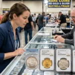 What to bring to a coin show — first-time attendee browsing dealer tables