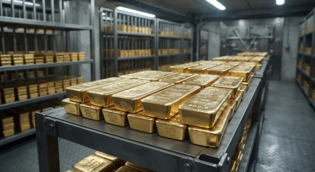 Stacked gold bars in a central bank reserve vault
