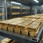 Stacked gold bars in a central bank reserve vault