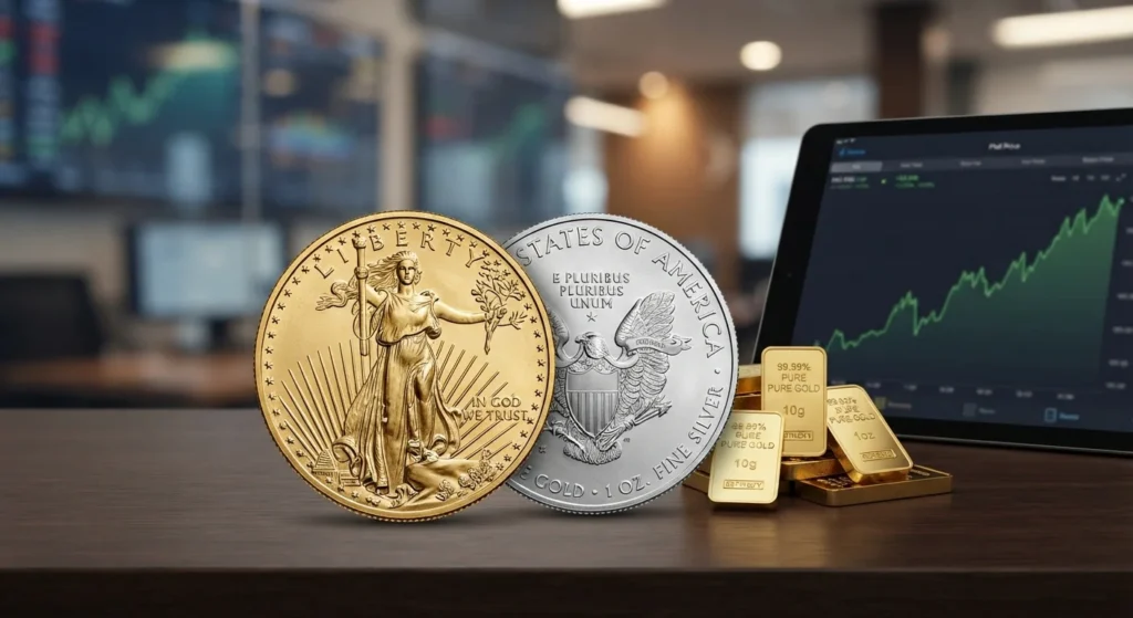 Gold bars and coins displayed next to an upward-trending price chart