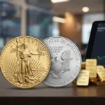 Gold bars and coins displayed next to an upward-trending price chart