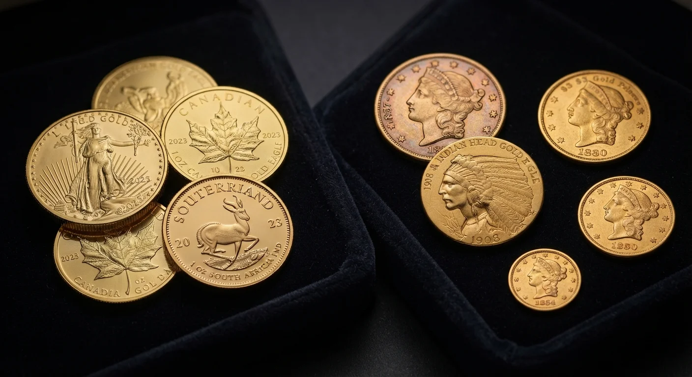 Gold bullion coins next to rare numismatic gold coins