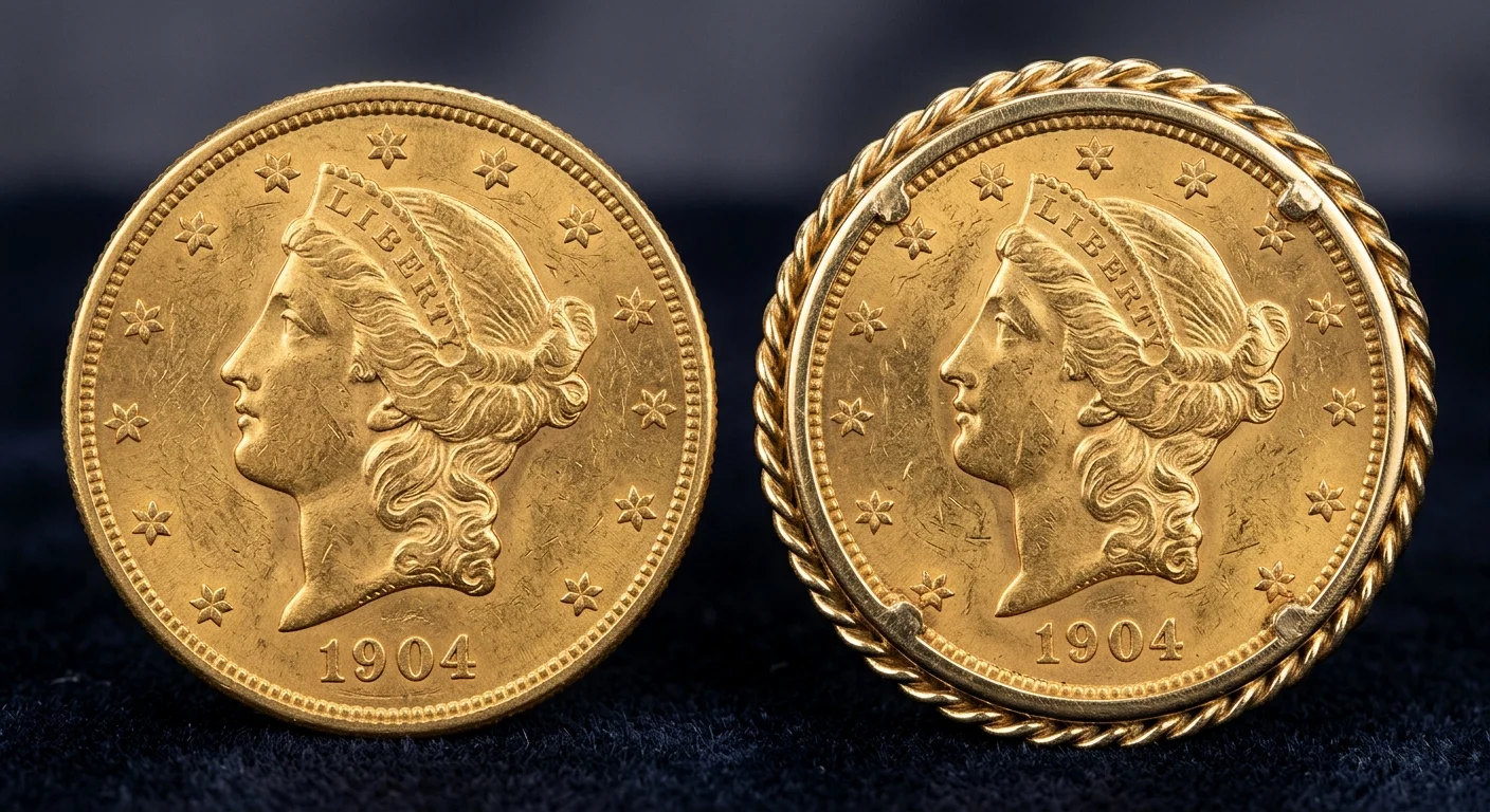 Gold coin mounted in a bezel pendant next to an unmounted gold coin