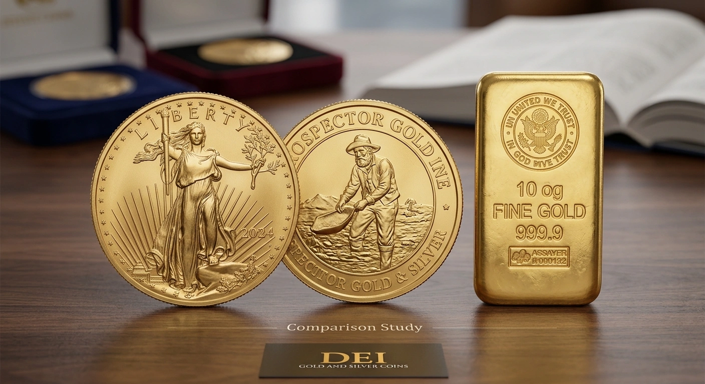 Government-minted gold coin next to a generic gold round and a gold bar