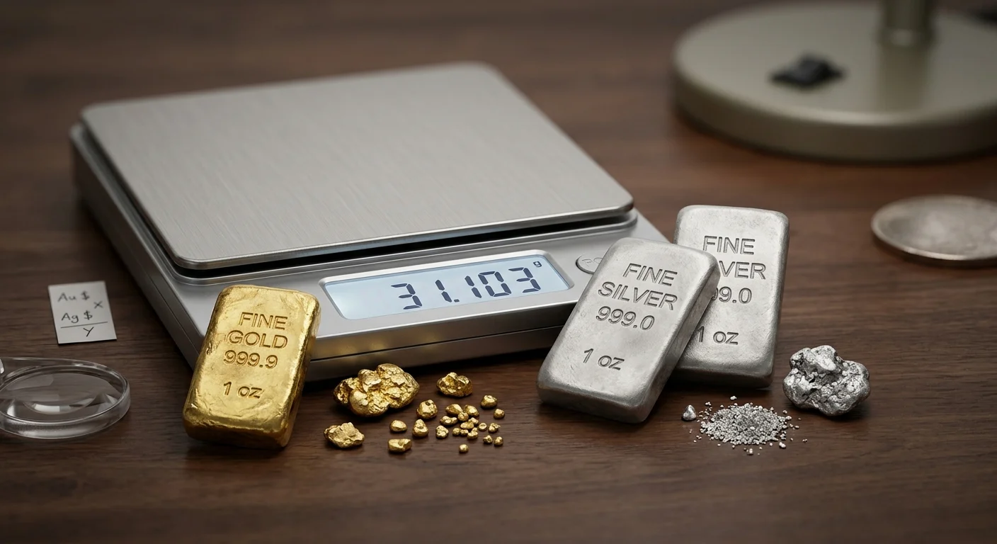 Gold coin on a scale next to raw bullion representing melt value calculation