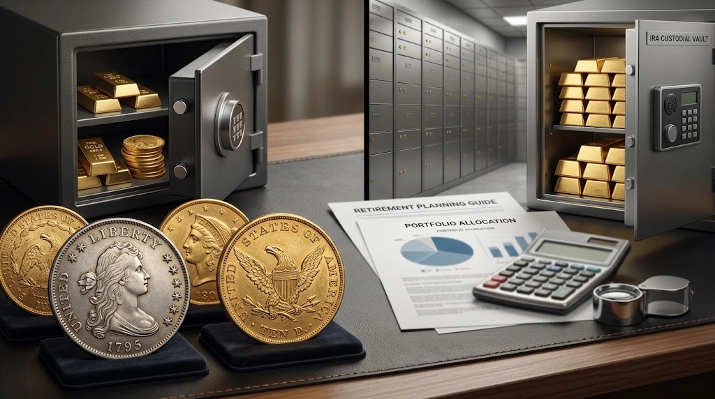 Rare U.S. gold and silver coins representing a Gold IRA vs physical gold for retirement