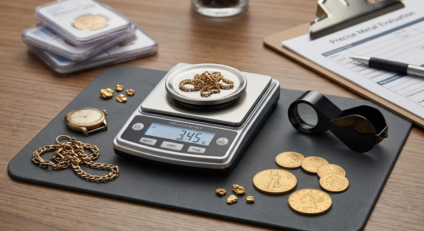 Jeweler's loupe and digital scale beside assorted gold jewelry on an appraisal desk