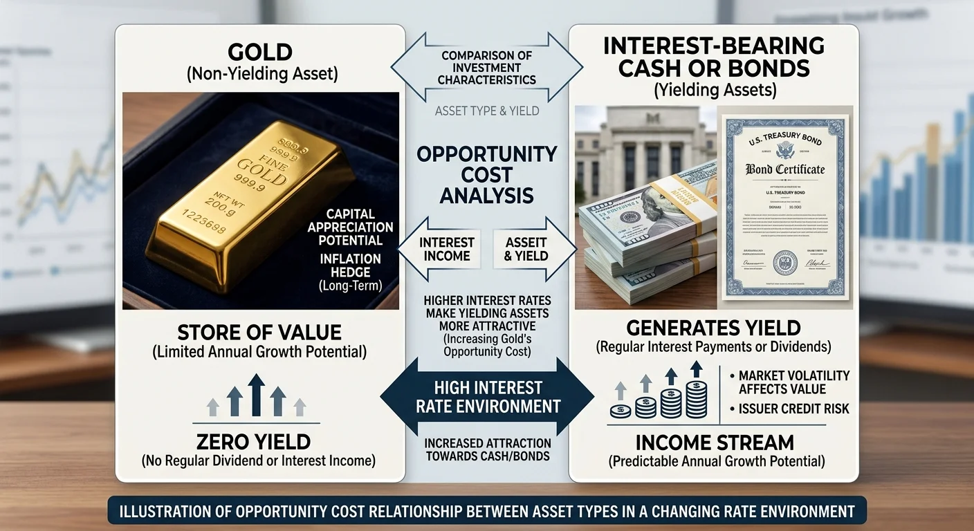 Diagram comparing non-yielding gold to interest-bearing cash and bonds