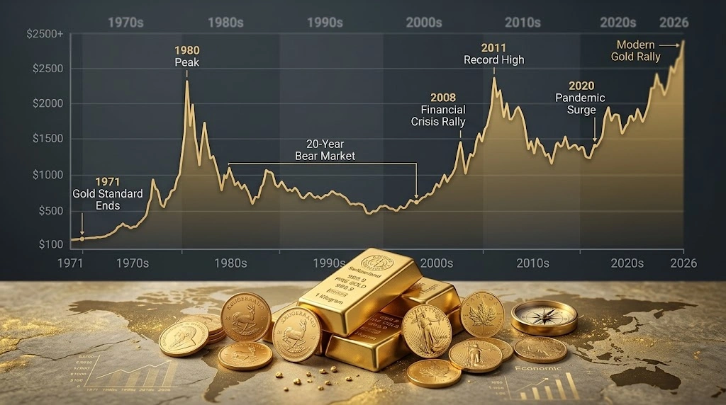 50-year gold price history chart showing major gold price trends and peaks
