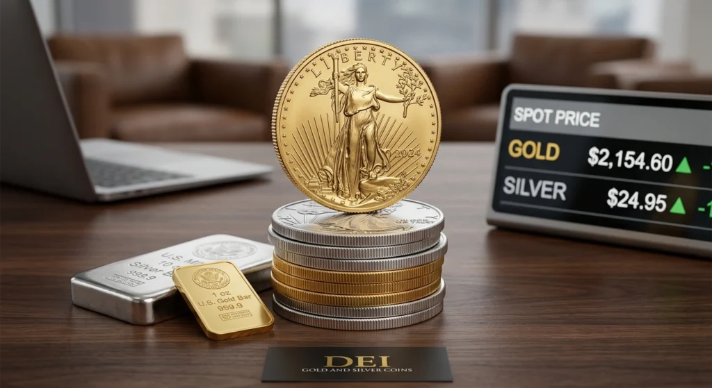 Gold and silver bullion coins and bars displayed near a spot price chart