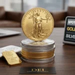 Gold and silver bullion coins and bars displayed near a spot price chart