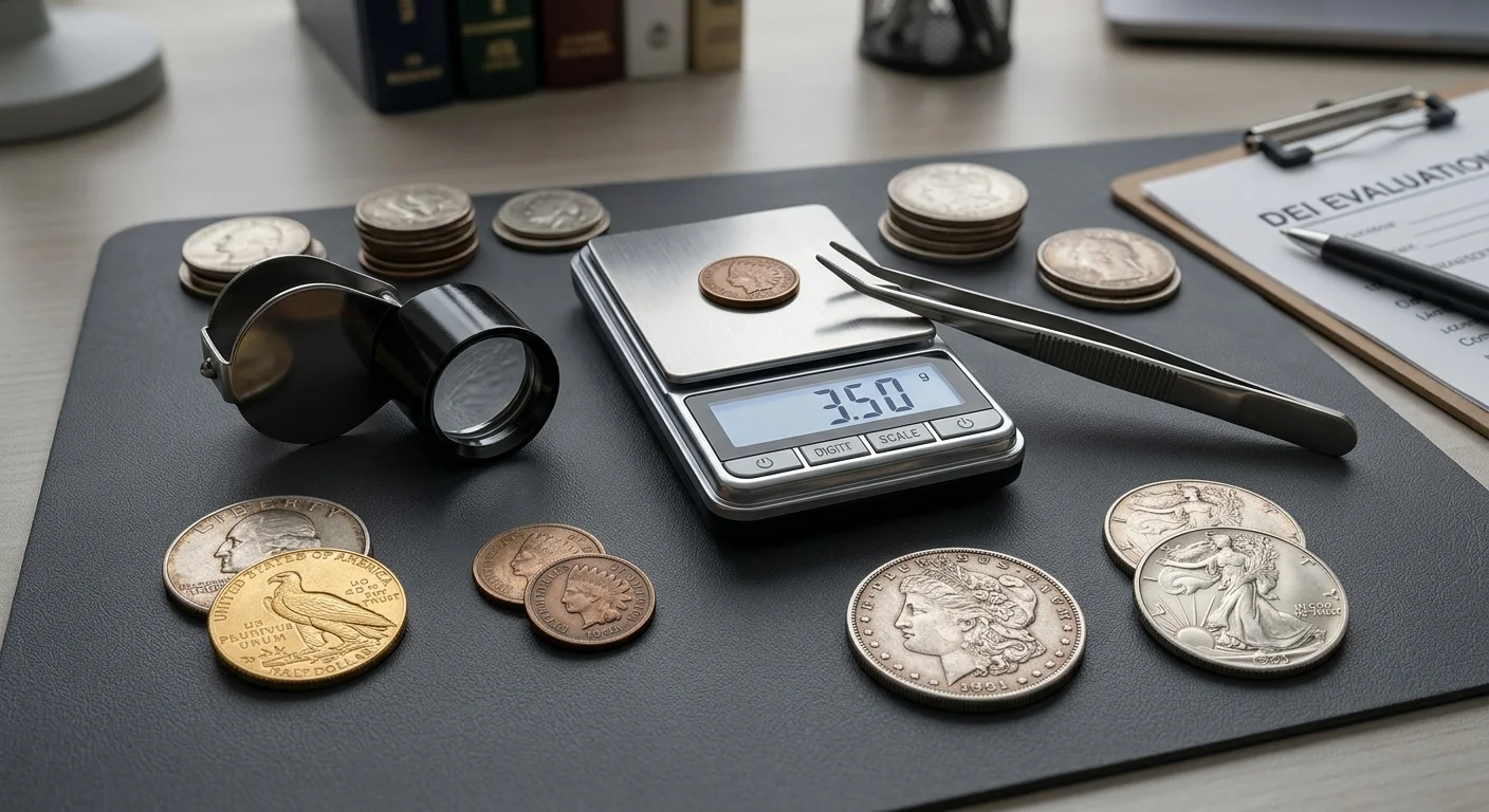 Digital scale, loupe and assorted gold and silver coins on an appraisal desk