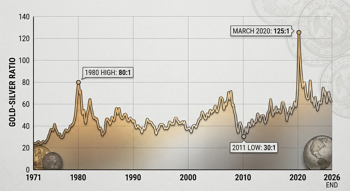 Line chart of the gold-silver ratio from 1971 to 2026 with 1980, 2011 and 2020 marked
