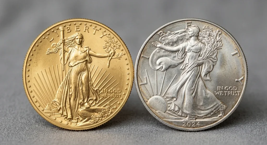 One-ounce gold coin and one-ounce silver coin side by side on a neutral background