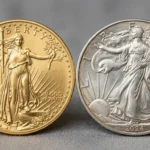 One-ounce gold coin and one-ounce silver coin side by side on a neutral background