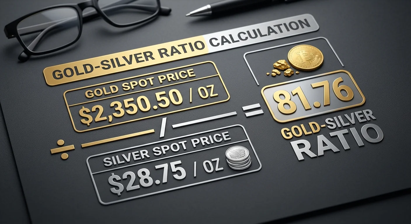 Diagram showing gold price divided by silver price equals the gold-silver ratio
