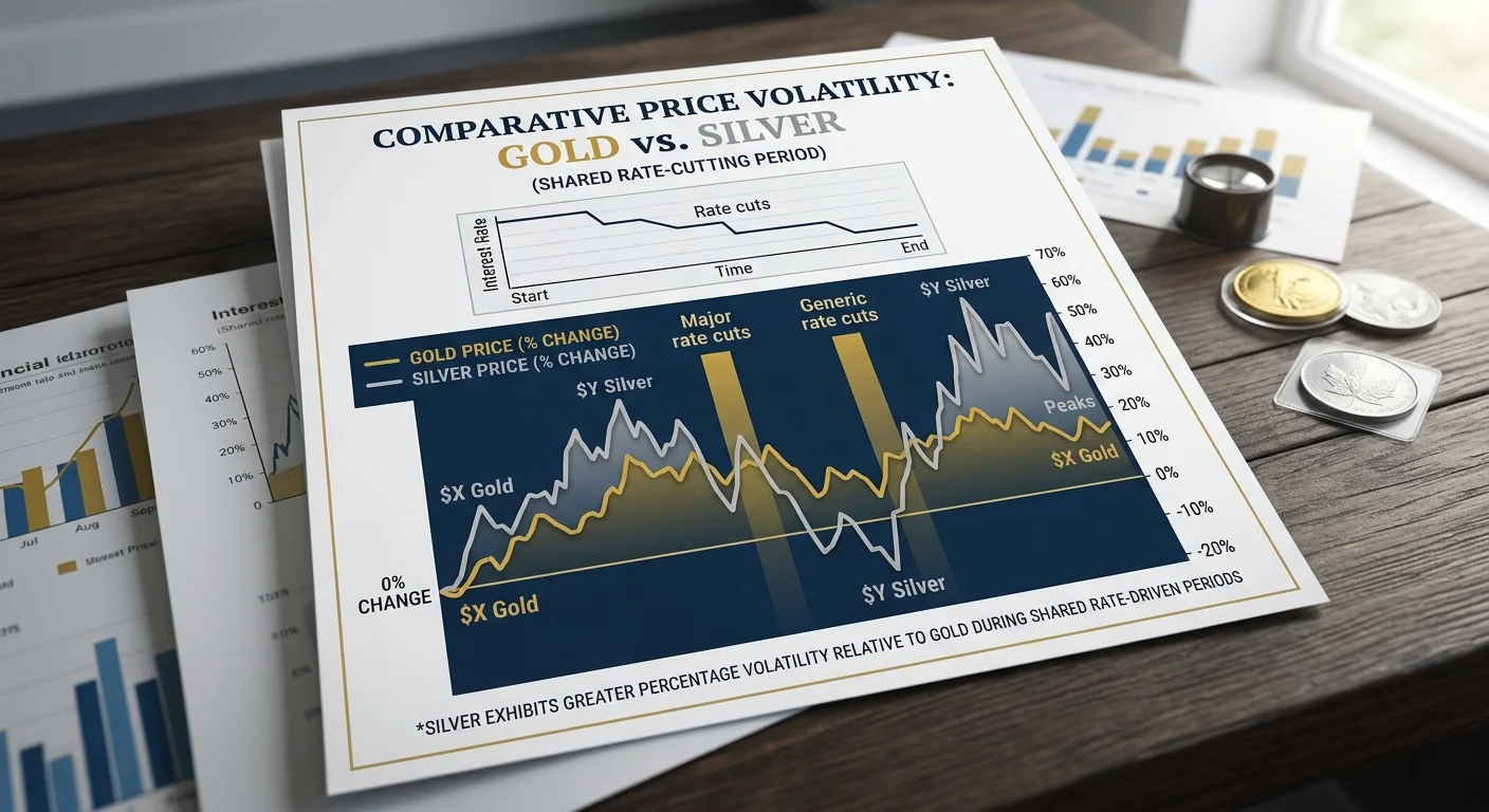 Chart comparing gold and silver price volatility during a rate-cutting cycle