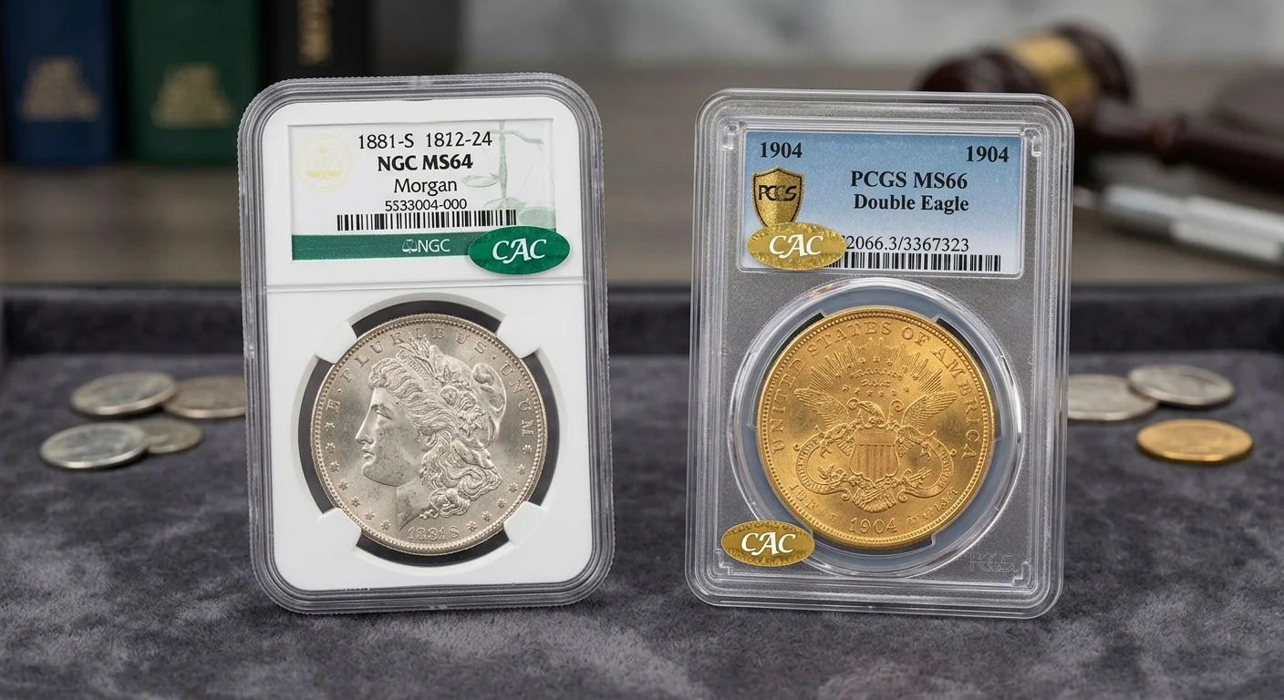 Certified coin holders with a green CAC sticker and a gold CAC sticker