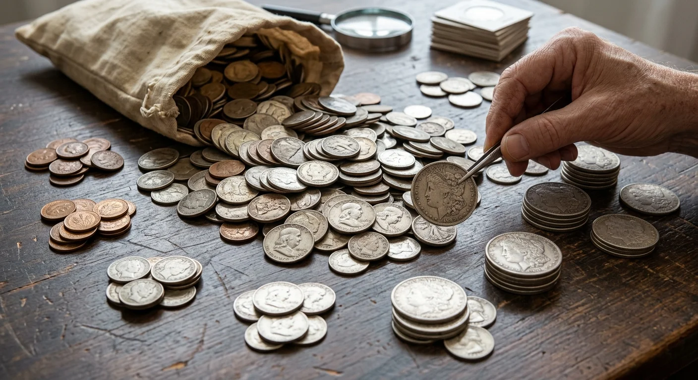 Hands sorting mixed inherited coins into separate groups