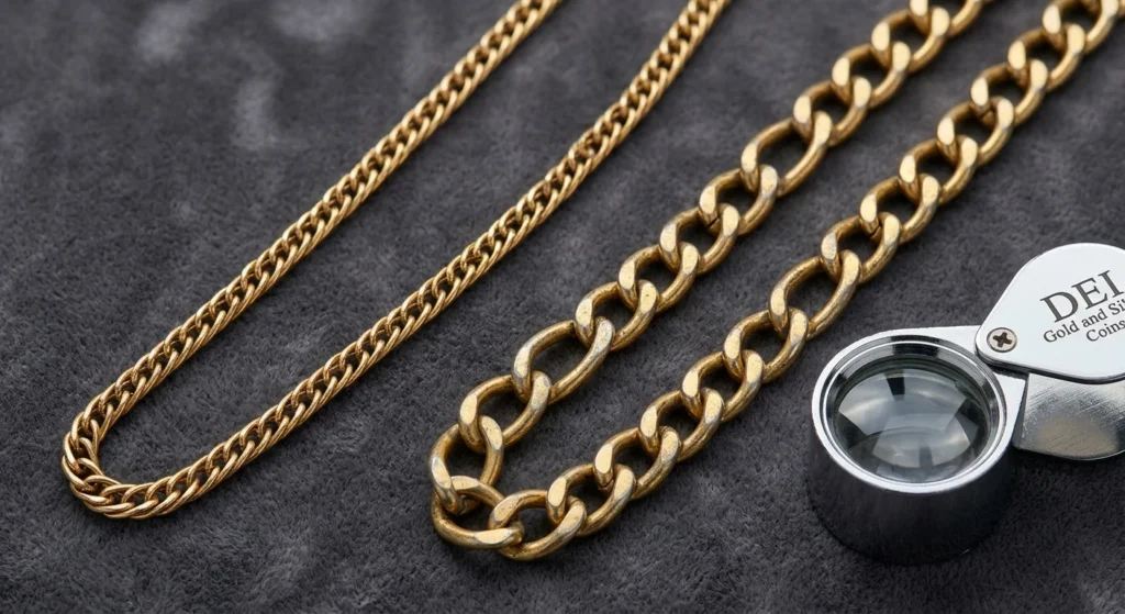 Gold chain and gold-tone costume necklace side by side with a jeweler's loupe