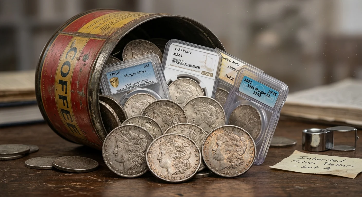 Mixed U.S. silver dollars, some in certified holders, spilling from a storage can