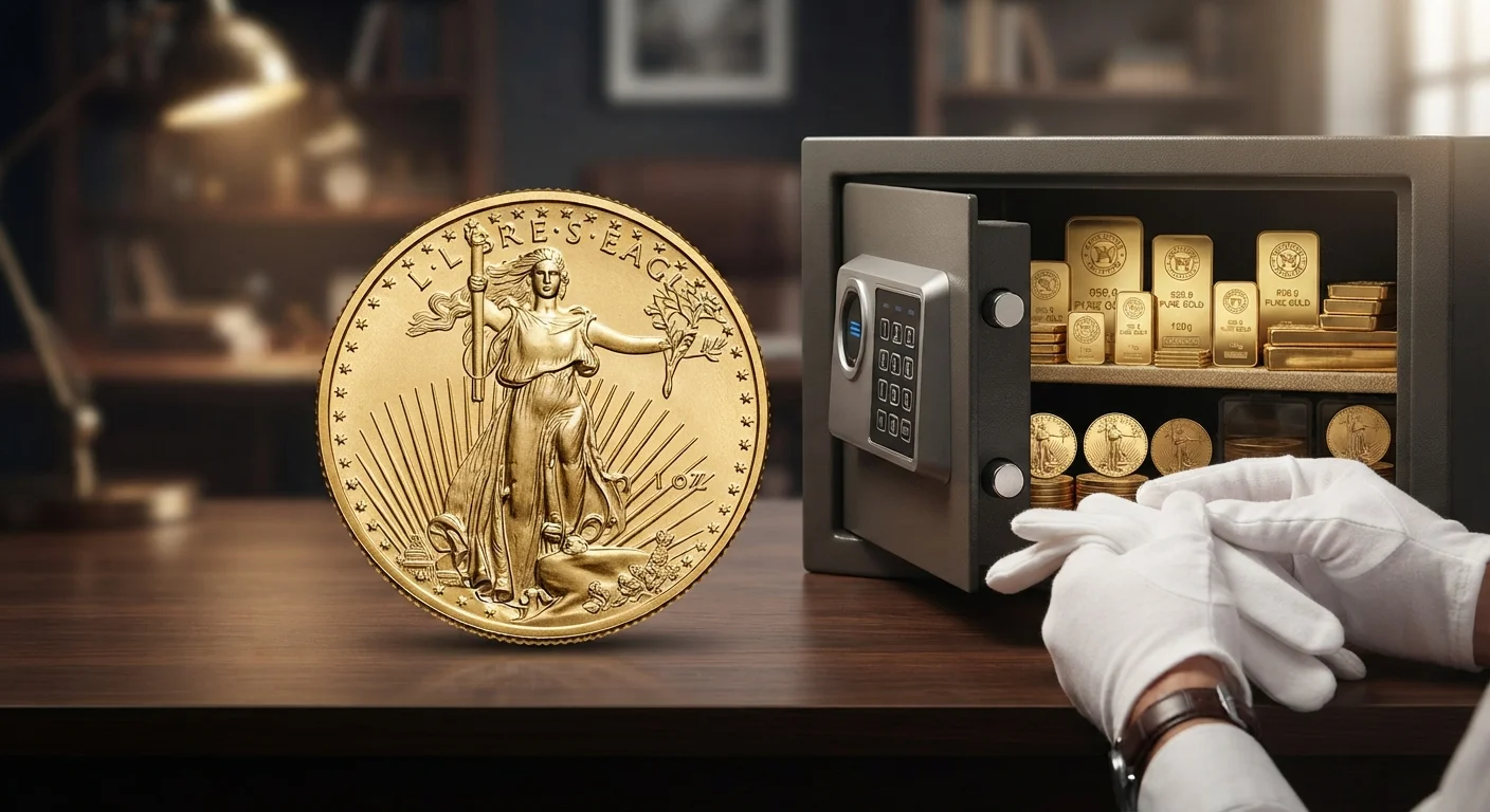 Investor reviewing stored gold coins and bars in a home safe