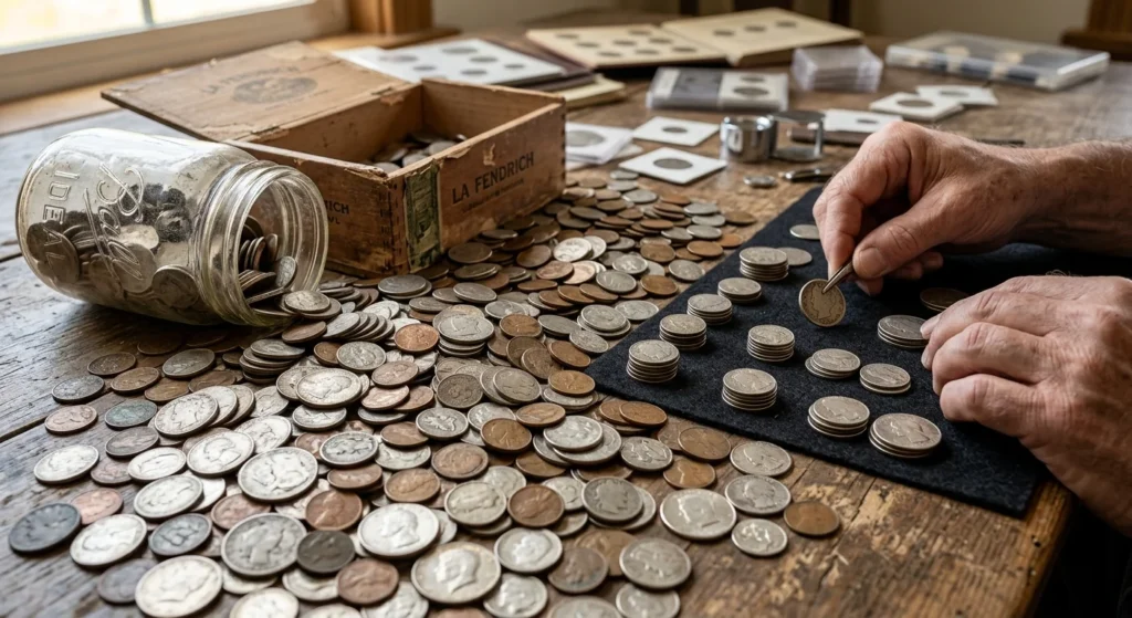 Jar of mixed inherited coins being sorted on a table