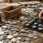 Jar of mixed inherited coins being sorted on a table