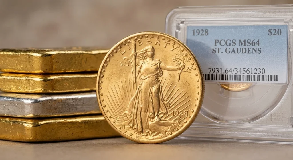 Coin shown between raw bullion and a certified holder representing melt versus collector value
