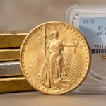 Coin shown between raw bullion and a certified holder representing melt versus collector value