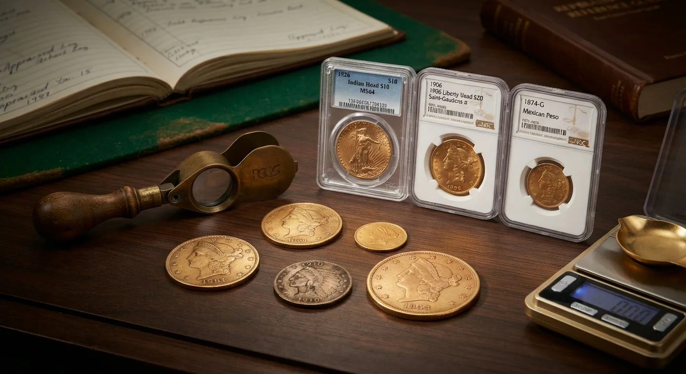 Mixed gold coins, some certified and some raw, beside a loupe and scale on an appraisal desk