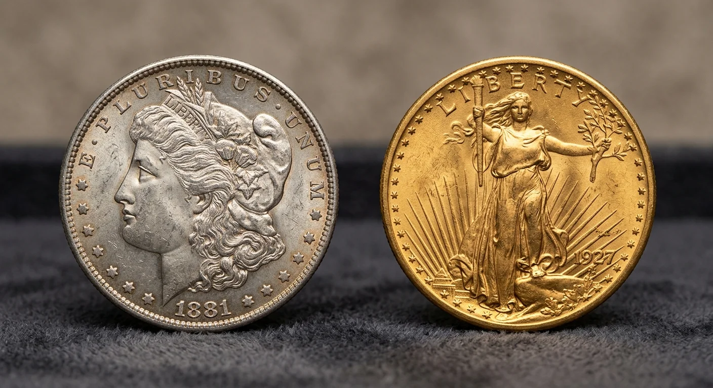 Morgan silver dollar and Saint-Gaudens double eagle gold coin side by side