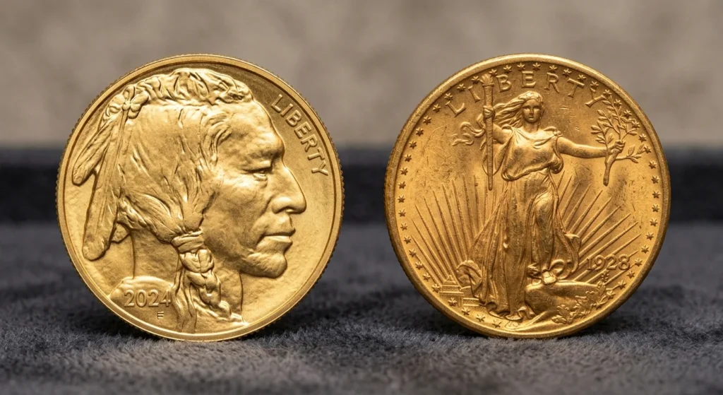 Modern one-ounce gold bullion coin beside a pre-1933 gold double eagle Sourcing note: use an original DEI Gold and Silver Coins photo from your own inventory if possible.