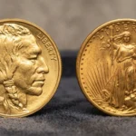 Modern one-ounce gold bullion coin beside a pre-1933 gold double eagle Sourcing note: use an original DEI Gold and Silver Coins photo from your own inventory if possible.