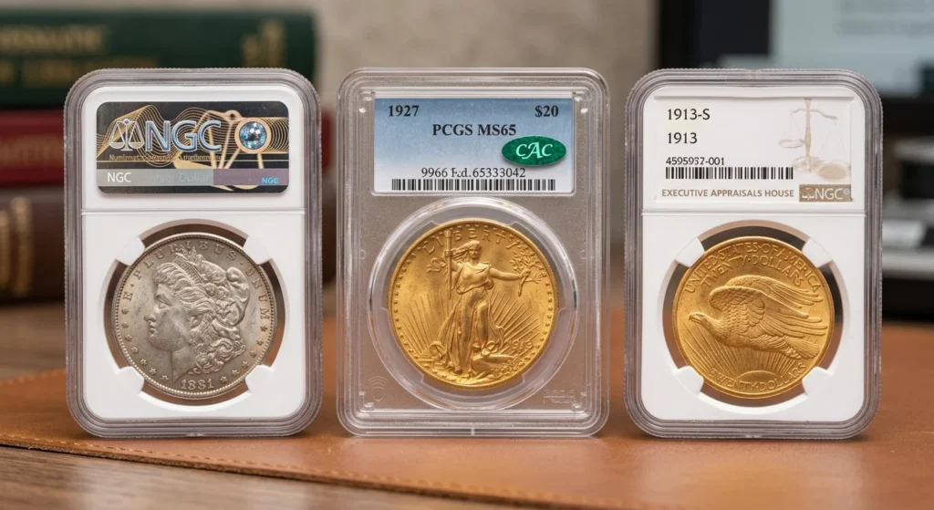 Three certified coins in grading service holders lined up on a desk, one with a green sticker