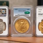 Three certified coins in grading service holders lined up on a desk, one with a green sticker