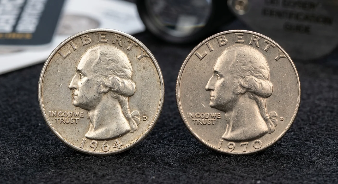 Pre-1965 silver quarter compared to a post-1965 copper-nickel quarter