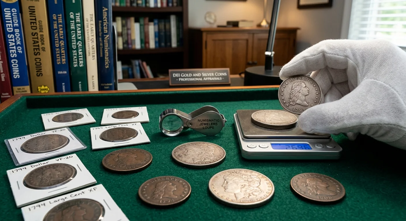 Coins on a felt appraisal desk with a jeweler's loupe and digital scale