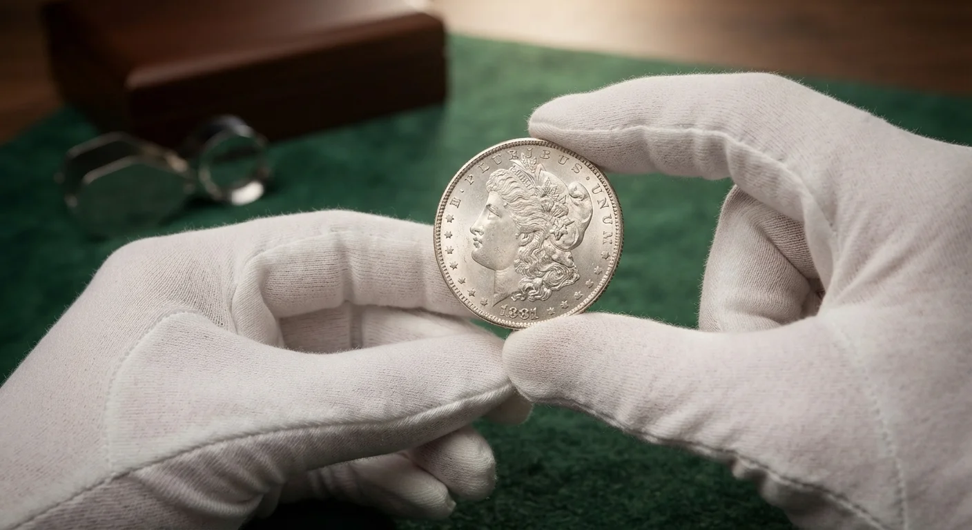 Coin being held correctly by its edge to avoid surface damage
