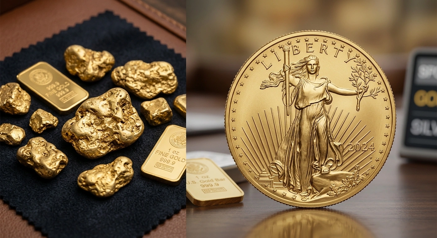 Raw gold bars compared to a finished minted gold coin
