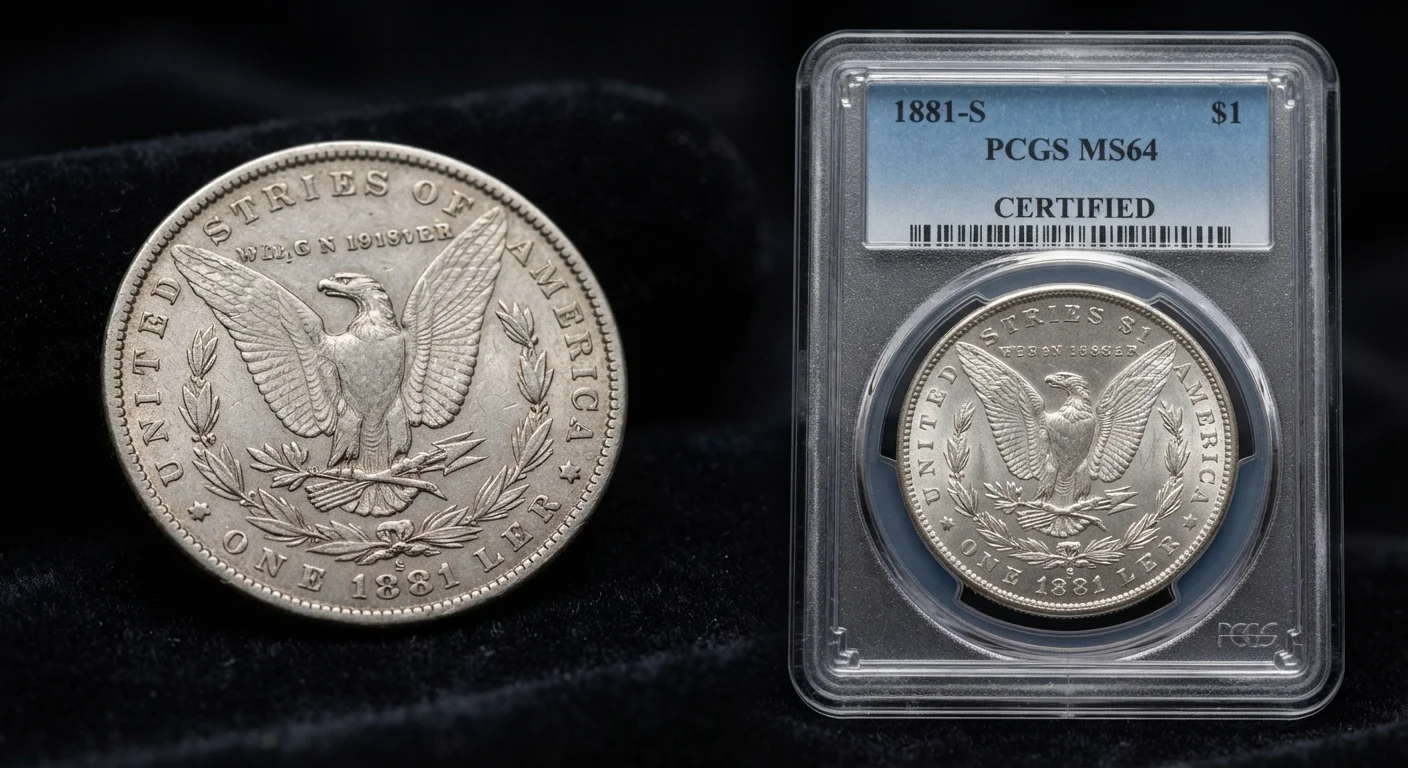 Raw silver coin beside a certified PCGS graded coin holder