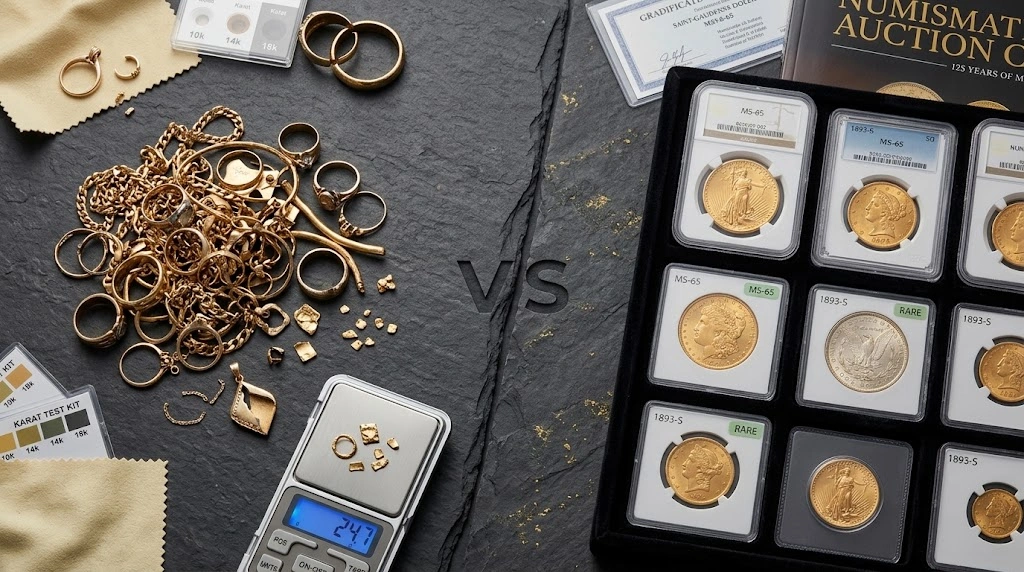 Scrap gold jewelry compared with collectible coins for selling value