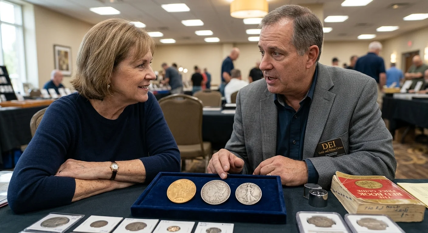 Seller and dealer discussing coins at a show table