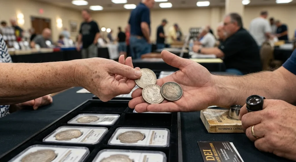 Questions to ask coin dealer — seller handing coins to a dealer at a coin show