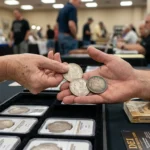 Questions to ask coin dealer — seller handing coins to a dealer at a coin show